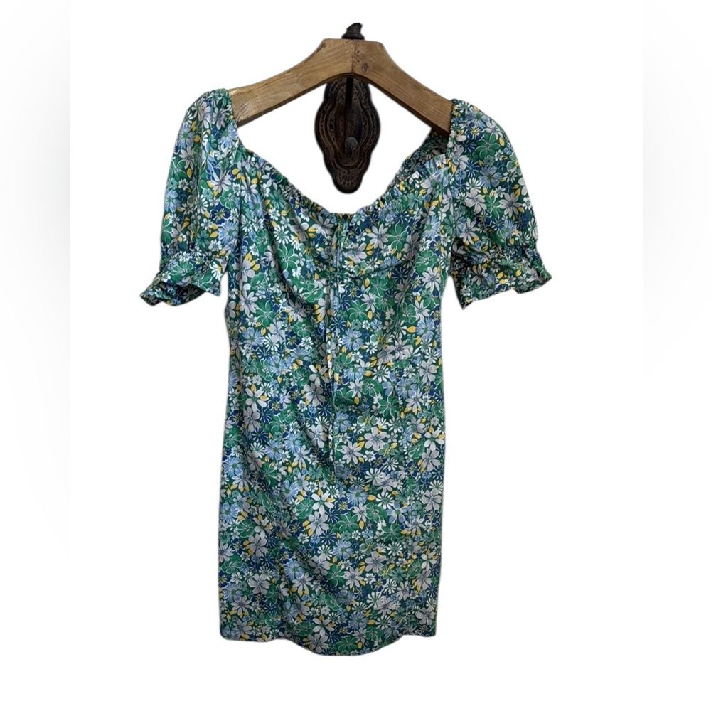 Green and Blue Puff Sleeve Mini Sundress hippie vintage inspired daisies 70’s